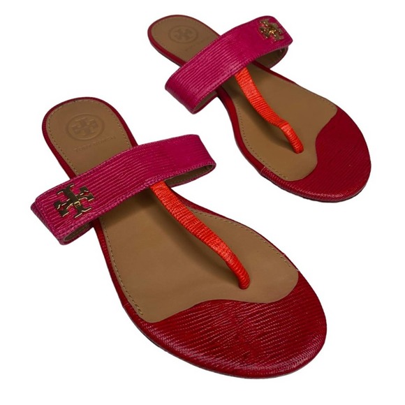 Tory Burch Kira Thong Sandals Embossed Leather Colorblock Flip Flops Size 6 - Picture 3 of 10